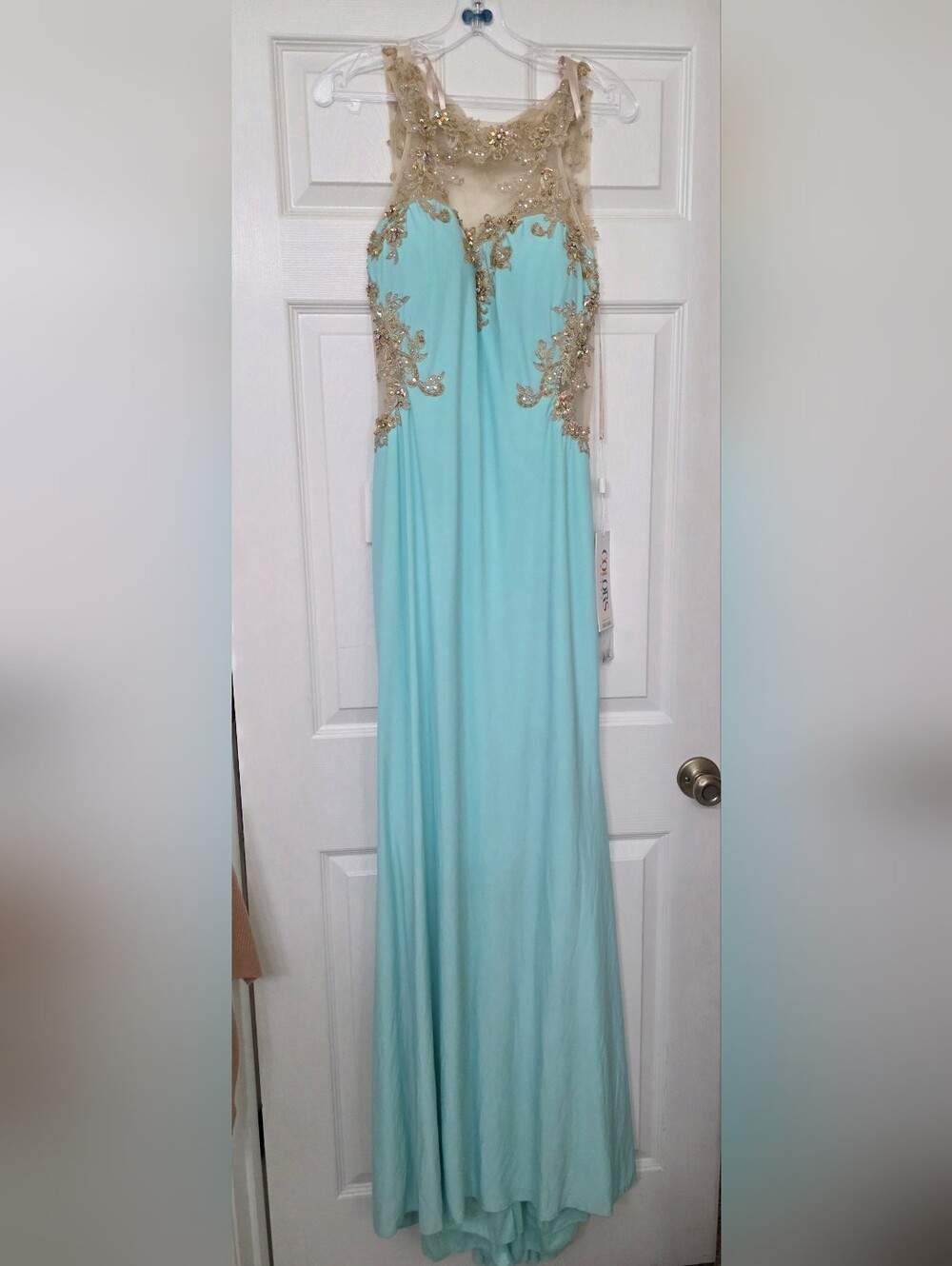 Colors Dress Aqua Embellished Evening Gown with Gold Appliqué